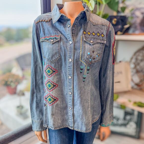 Double D Ranch, Embroidered Denim Shirt Jacket Snap Buttons, Studs, Beads-Large - Picture 12 of 14